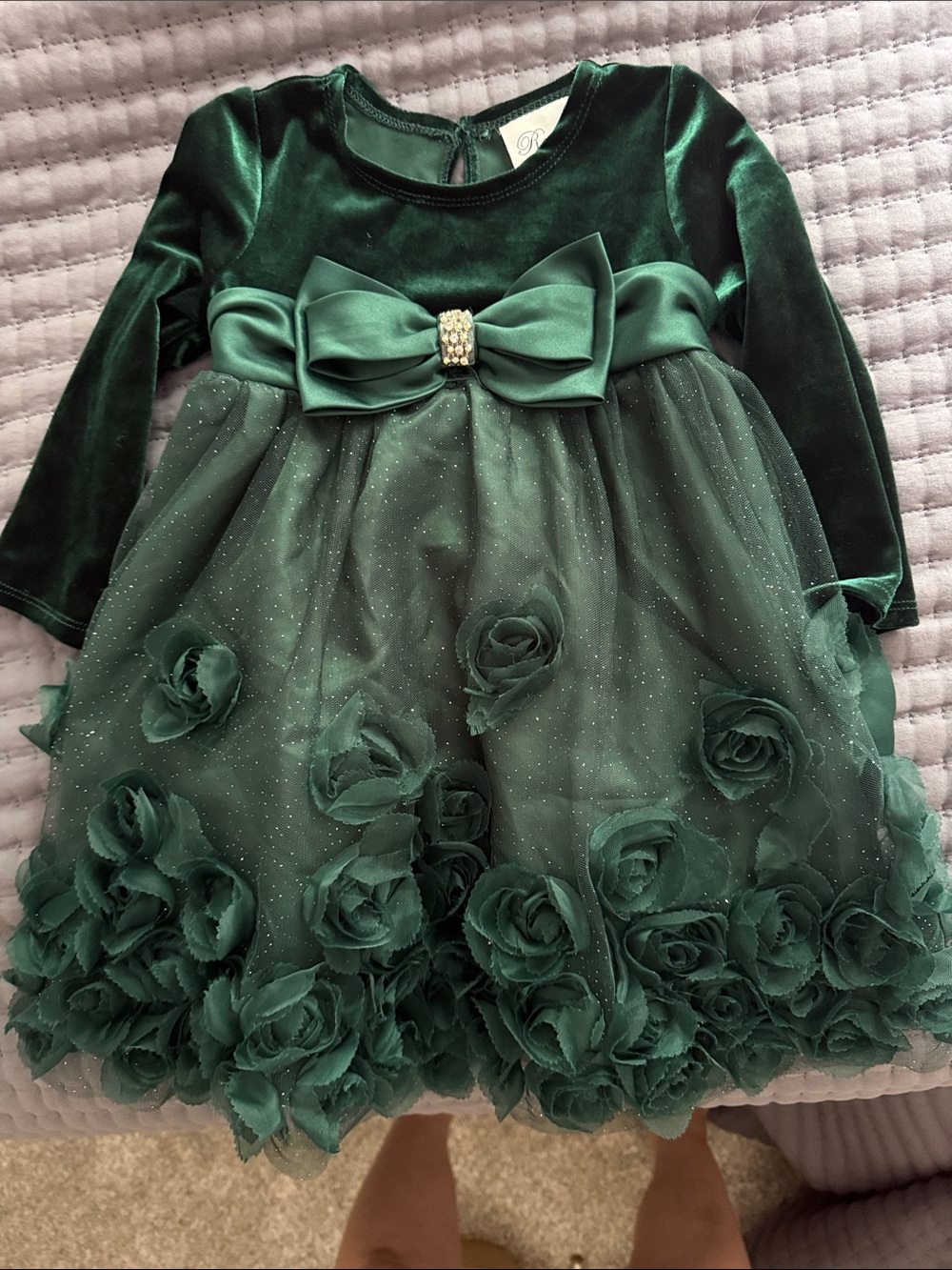 Girls Emerald Green Velvet & Tulle Dress with Rosette Skirt